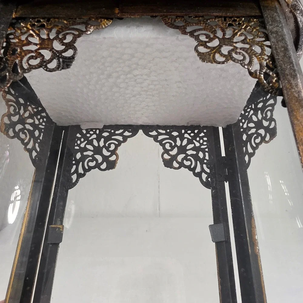 Vintage Ornate Metal Glass Candle Lantern Distressed Bronze Gold Filigree Decor